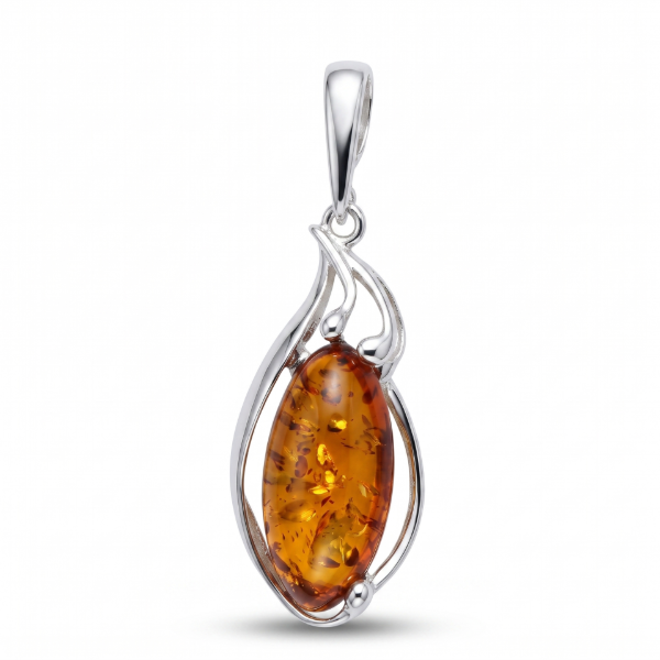 Sophia Baltic Amber Oval Pendant in Sterling Silver with a polished sterling silver frame surrounding a genuine oval Baltic amber gemstone with natural inclusions.