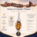 Infographic showcasing the Sophia Baltic Amber Oval Pendant in Sterling Silver, highlighting genuine Baltic amber, 925 sterling silver, handcrafted craftsmanship, product specifications, and its origin in Gdańsk, Poland.
