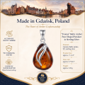 Infographic featuring the Yvonne Baltic Amber Pear-Shaped Pendant in Sterling Silver, highlighting genuine Baltic amber, 925 sterling silver, handcrafted craftsmanship, product specifications, and its origin in Gdańsk, Poland.