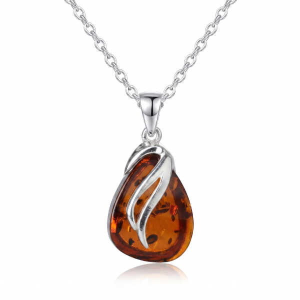 Yvonne Baltic Amber Pear-Shaped Pendant in Sterling Silver with a polished sterling silver frame and a genuine pear-shaped Baltic amber gemstone displaying natural inclusions and warm honey tones.