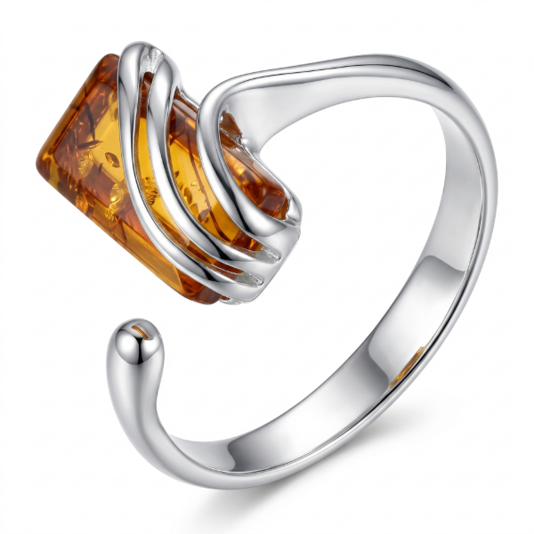 Nina Baltic Honey Amber Rectangular Adjustable Ring in Sterling Silver featuring a genuine rectangular honey amber gemstone with natural inclusions in a modern sterling silver setting.