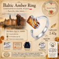 Infographic of the Nina Baltic Honey Amber Rectangular Adjustable Ring in Sterling Silver, highlighting genuine Baltic honey amber, adjustable fit, 925 sterling silver, craftsmanship, and Gdańsk, Poland origin.