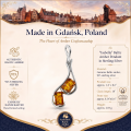 Infographic featuring the Isabella Baltic Amber Pendant in Sterling Silver, highlighting genuine Baltic amber, 925 sterling silver, handcrafted craftsmanship, product specifications, and its origin in Gdańsk, Poland.