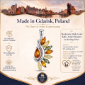 Mackenzie Baltic Amber Pendant in Sterling Silver infographic highlighting authentic Baltic amber, 925 sterling silver, handcrafted craftsmanship, dimensions, and Made in Gdańsk, Poland heritage.