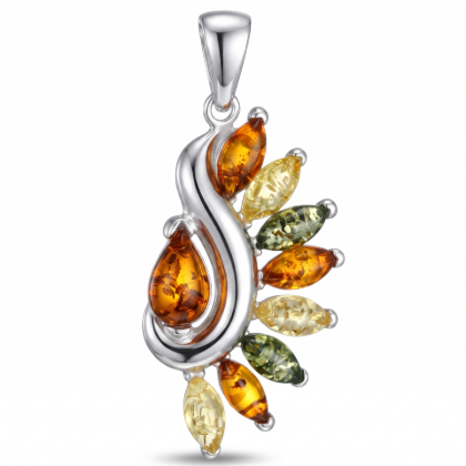 Mackenzie Baltic Amber Pendant in Sterling Silver featuring genuine multi-color Baltic amber gemstones in honey, cognac, lemon, and green tones, set in polished 925 sterling silver, isolated on a white background.