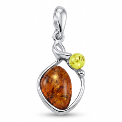 Pola Baltic Amber Pendant in Sterling Silver featuring genuine multi-color Baltic amber gemstones in honey, cognac, lemon, and green tones, set in polished 925 sterling silver, isolated on a white background.