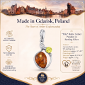 Pola Baltic Amber Pendant in Sterling Silver infographic highlighting authentic Baltic amber, 925 sterling silver, handcrafted craftsmanship, dimensions, and Made in Gdańsk, Poland heritage.