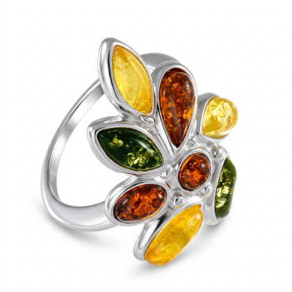Claudette Baltic Amber Ring in Sterling Silver featuring genuine Baltic amber gemstones set in polished 925 sterling silver, isolated on a white background.