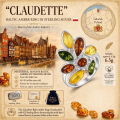 Claudette Baltic Amber Ring in Sterling Silver infographic highlighting authentic Baltic amber, 925 sterling silver, handcrafted craftsmanship, ring dimensions, and Made in Gdańsk, Poland heritage.
