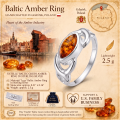 Lucy Baltic Amber Ring in Sterling Silver infographic highlighting authentic Baltic amber, 925 sterling silver, handcrafted craftsmanship, ring dimensions, and Made in Gdańsk, Poland heritage.