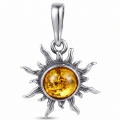 Baltic Amber Sun Pendant in Sterling Silver featuring genuine Baltic amber gemstones set in polished 925 sterling silver in a radiant sun design, isolated on a white background.