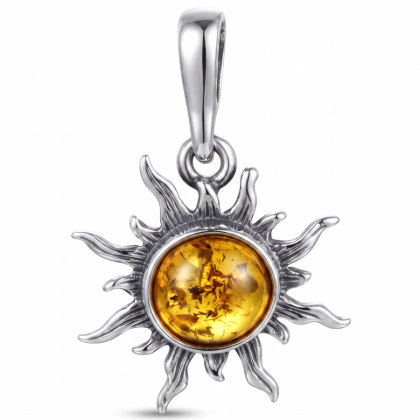Baltic Amber Sun Pendant in Sterling Silver featuring genuine Baltic amber gemstones set in polished 925 sterling silver in a radiant sun design, isolated on a white background.