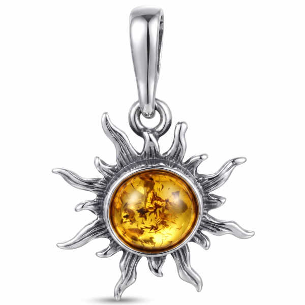 Baltic Amber Sun Pendant in Sterling Silver featuring genuine Baltic amber gemstones set in polished 925 sterling silver in a radiant sun design, isolated on a white background.