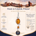 Baltic Honey Amber Pendant Necklace in Sterling Silver infographic highlighting authentic honey Baltic amber, 925 sterling silver, handcrafted craftsmanship, pendant dimensions, and Made in Gdańsk, Poland heritage.