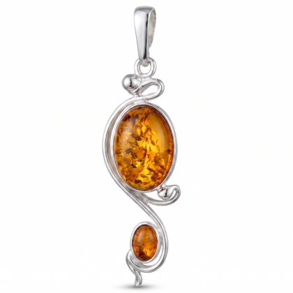 Baltic Honey Amber Pendant Necklace in Sterling Silver featuring a genuine honey Baltic amber gemstone set in polished 925 sterling silver, isolated on a white background.