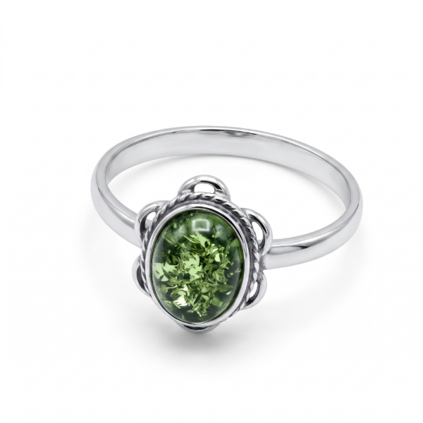 Brittany Baltic Green Amber Ring in Sterling Silver featuring genuine green Baltic amber gemstones set in polished 925 sterling silver, isolated on a white background.
