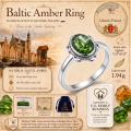 Brittany Baltic Green Amber Ring in Sterling Silver infographic highlighting authentic green Baltic amber, 925 sterling silver, handcrafted craftsmanship, ring dimensions, and Made in Gdańsk, Poland heritage.