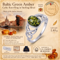 Baltic Green Amber Celtic Knot Ring in Sterling Silver infographic highlighting authentic green Baltic amber, 925 sterling silver, handcrafted craftsmanship, ring dimensions, and Made in Gdańsk, Poland heritage.