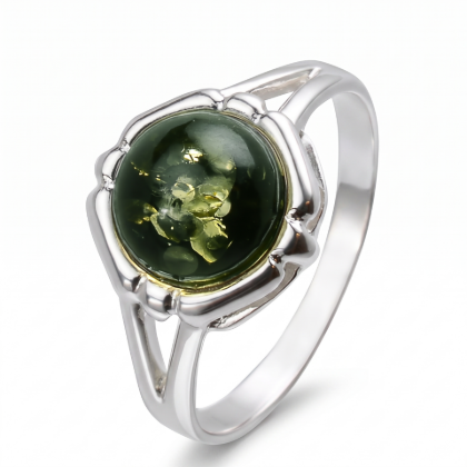 Clara Baltic Green Amber Ring in Sterling Silver featuring a genuine green Baltic amber gemstone set in polished 925 sterling silver, isolated on a white background.