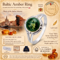 Clara Baltic Green Amber Ring in Sterling Silver infographic highlighting authentic green Baltic amber, 925 sterling silver, handcrafted craftsmanship, ring dimensions, and Made in Gdańsk, Poland heritage.