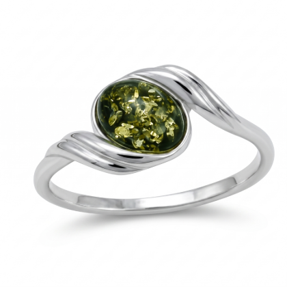 Estelle Baltic Green Amber Ring in Sterling Silver featuring a genuine green Baltic amber gemstone set in polished 925 sterling silver, isolated on a white background.