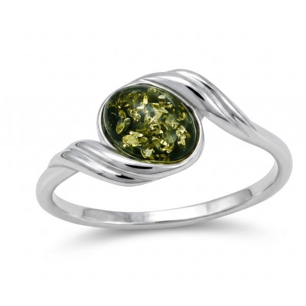 Estelle Baltic Green Amber Ring in Sterling Silver featuring a genuine green Baltic amber gemstone set in polished 925 sterling silver, isolated on a white background.