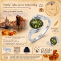 Estelle Baltic Green Amber Ring in Sterling Silver infographic highlighting authentic green Baltic amber, 925 sterling silver, handcrafted craftsmanship, ring dimensions, and Made in Gdańsk, Poland heritage.