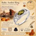 Baltic Green Amber Ring in Sterling Silver infographic highlighting authentic green Baltic amber, 925 sterling silver, handcrafted craftsmanship, ring dimensions, and Made in Gdańsk, Poland heritage.