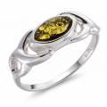 Baltic Green Amber Ring in Sterling Silver featuring a genuine green Baltic amber gemstone set in polished 925 sterling silver, isolated on a white background.