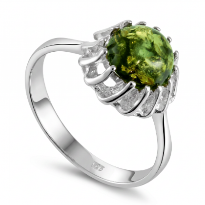 Megan Baltic Green Amber Ring in Sterling Silver featuring a genuine green Baltic amber gemstone set in polished 925 sterling silver, isolated on a white background.