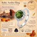 Megan Baltic Green Amber Ring in Sterling Silver infographic highlighting authentic green Baltic amber, 925 sterling silver, handcrafted craftsmanship, ring dimensions, and Made in Gdańsk, Poland heritage.