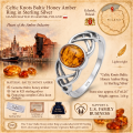 Celtic Knots Baltic Honey Amber Ring in Sterling Silver infographic highlighting authentic honey Baltic amber, 925 sterling silver, handcrafted craftsmanship, ring dimensions, and Made in Gdańsk, Poland heritage.