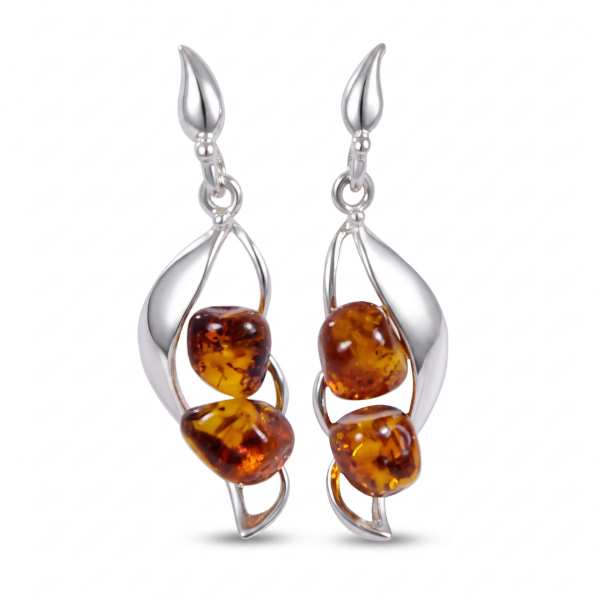 Adrianna Baltic Honey Amber Earrings in Sterling Silver featuring genuine honey Baltic amber gemstones set in polished 925 sterling silver, isolated on a white background.