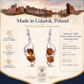 Adrianna Baltic Honey Amber Earrings in Sterling Silver infographic highlighting authentic honey Baltic amber, 925 sterling silver, handcrafted craftsmanship, earring dimensions, and Made in Gdańsk, Poland heritage.