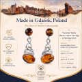 Deirdre Baltic Honey Amber Earrings in Sterling Silver infographic highlighting authentic honey Baltic amber, 925 sterling silver, handcrafted craftsmanship, earring dimensions, and Made in Gdańsk, Poland heritage.