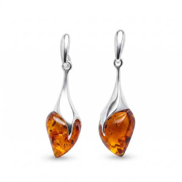 Karolina Baltic Honey Amber Earrings in Sterling Silver featuring genuine honey Baltic amber gemstones set in polished 925 sterling silver, isolated on a white background.