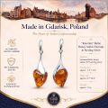 Karolina Baltic Honey Amber Earrings in Sterling Silver infographic highlighting authentic honey Baltic amber, 925 sterling silver, handcrafted craftsmanship, earring dimensions, and Made in Gdańsk, Poland heritage.