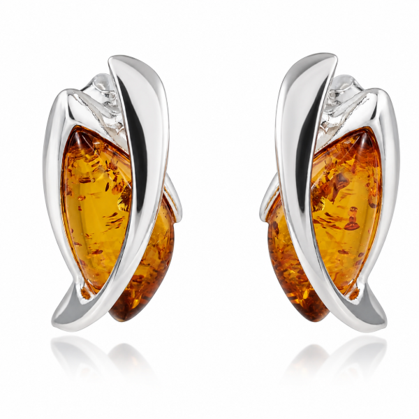 Lena Baltic Honey Amber Earrings in Sterling Silver featuring genuine honey Baltic amber gemstones set in polished 925 sterling silver, isolated on a white background.