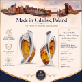 Lena Baltic Honey Amber Earrings in Sterling Silver infographic highlighting authentic honey Baltic amber, 925 sterling silver, handcrafted craftsmanship, earring dimensions, and Made in Gdańsk, Poland heritage.