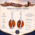 Liliana Baltic Honey Amber Earrings in Sterling Silver infographic highlighting authentic honey Baltic amber, 925 sterling silver, handcrafted craftsmanship, earring dimensions, and Made in Gdańsk, Poland heritage.