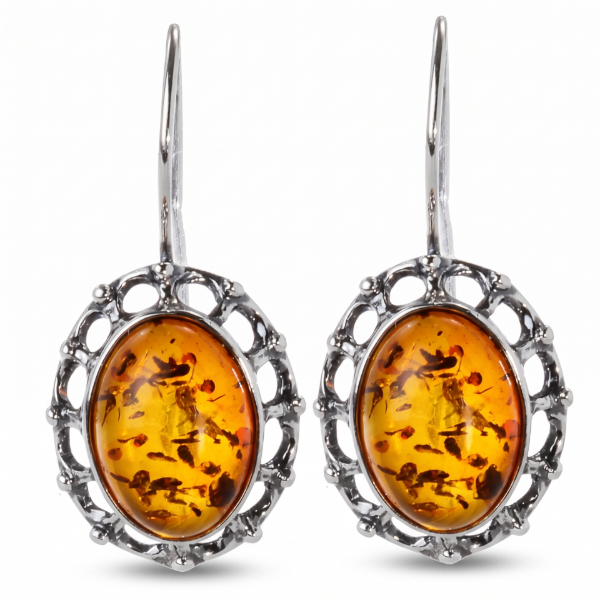 Lisa Baltic Honey Amber Drop Earrings in Sterling Silver featuring genuine honey Baltic amber gemstones in an elegant drop design, set in polished 925 sterling silver, isolated on a white background.