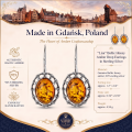 Lisa Baltic Honey Amber Drop Earrings in Sterling Silver infographic highlighting authentic honey Baltic amber, 925 sterling silver, handcrafted craftsmanship, earring dimensions, and Made in Gdańsk, Poland heritage.