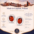 Marcelina Baltic Honey Amber Earrings in Sterling Silver infographic highlighting authentic honey Baltic amber, 925 sterling silver, handcrafted craftsmanship, earring dimensions, and Made in Gdańsk, Poland heritage.