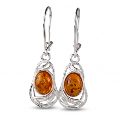 Baltic Honey Amber Oval Drop Earrings in Sterling Silver featuring genuine honey Baltic amber gemstones in an elegant oval drop design, set in polished 925 sterling silver, isolated on a white background.