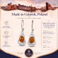 Baltic Honey Amber Oval Drop Earrings in Sterling Silver infographic highlighting authentic honey Baltic amber, 925 sterling silver, handcrafted craftsmanship, earring dimensions, and Made in Gdańsk, Poland heritage.