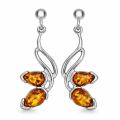 Maryl Baltic Honey Amber Earrings in Sterling Silver featuring genuine honey Baltic amber gemstones set in polished 925 sterling silver, isolated on a white background.