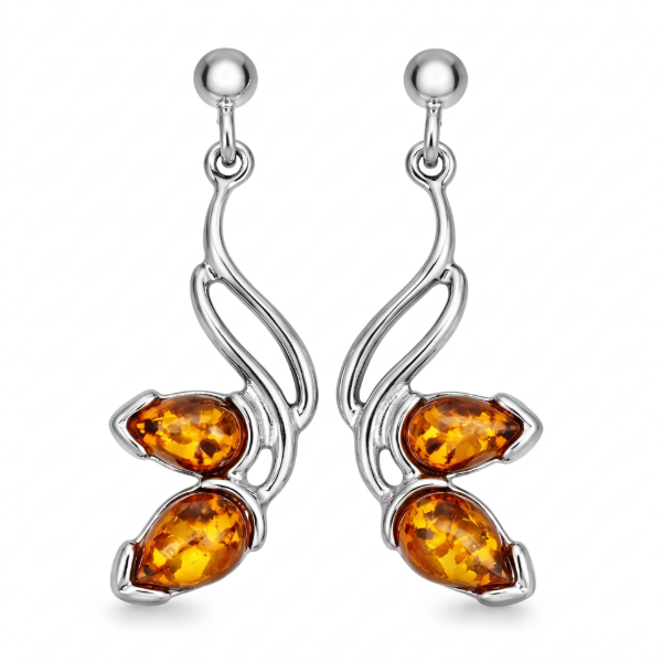 Maryl Baltic Honey Amber Earrings in Sterling Silver featuring genuine honey Baltic amber gemstones set in polished 925 sterling silver, isolated on a white background.