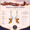 Maryl Baltic Honey Amber Earrings in Sterling Silver infographic highlighting authentic honey Baltic amber, 925 sterling silver, handcrafted craftsmanship, earring dimensions, and Made in Gdańsk, Poland heritage.