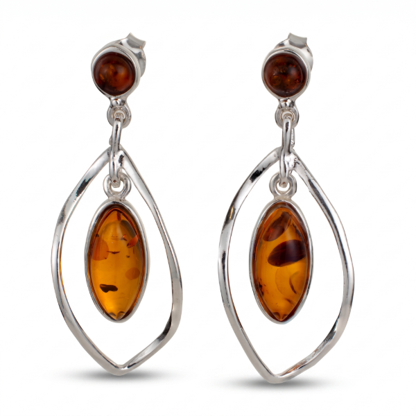 Sandra Baltic Honey Amber Earrings in Sterling Silver featuring genuine honey Baltic amber gemstones set in polished 925 sterling silver, isolated on a white background.