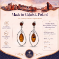 Sandra Baltic Honey Amber Earrings in Sterling Silver infographic highlighting authentic honey Baltic amber, 925 sterling silver, handcrafted craftsmanship, earring dimensions, and Made in Gdańsk, Poland heritage.